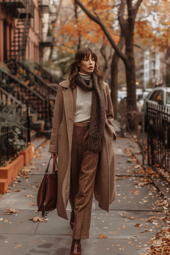“Fashion influencer walking through a brownstone-lined street in autumn, wearing a long camel coat over a white turtleneck, tailored brown trousers, and burgundy ankle boots. Styled with a chunky dark scarf and structured brown handbag, capturing classic and elegant fall street style.