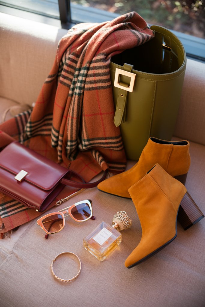 Autumn fashion flat lay featuring mustard suede ankle boots, an olive green structured handbag with gold buckle, a plaid scarf in rust and green tones, a burgundy leather crossbody bag, chic sunglasses, a gold bracelet, and an elegant perfume bottle. Cozy fall accessories styled together for seasonal outfit inspiration