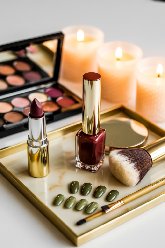 Luxury beauty flat lay with fall-inspired makeup: deep berry lipstick, matching burgundy nail polish, olive green press-on nails, gold makeup brushes, and an eyeshadow palette with warm tones. Displayed on a marble tray with lit candles in the background, creating a cozy, elegant aesthetic.